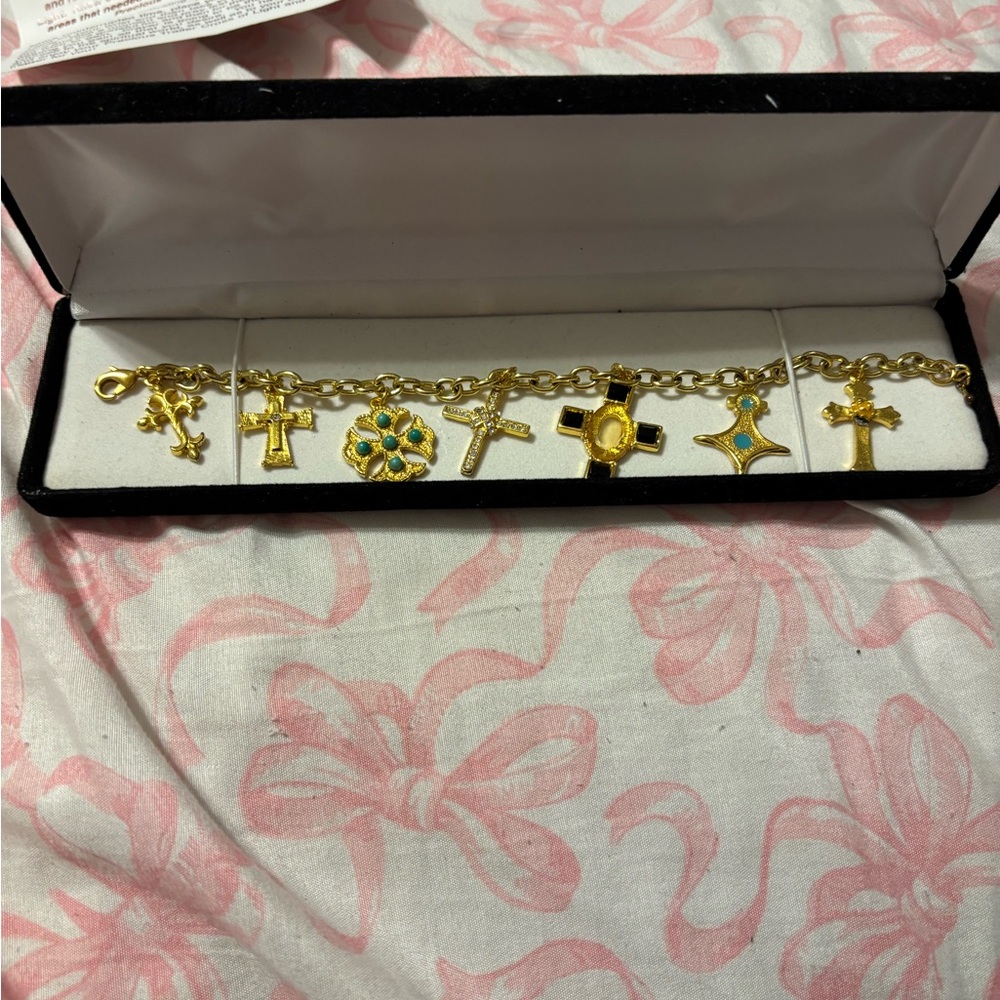 Gold and Green Charm Bracelet with Cross Accents